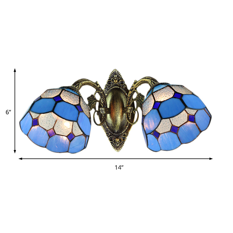 Dome Shade Wall Sconce Industrial Vintage Stained Glass 2 Heads Wall Fixture Light in Blue