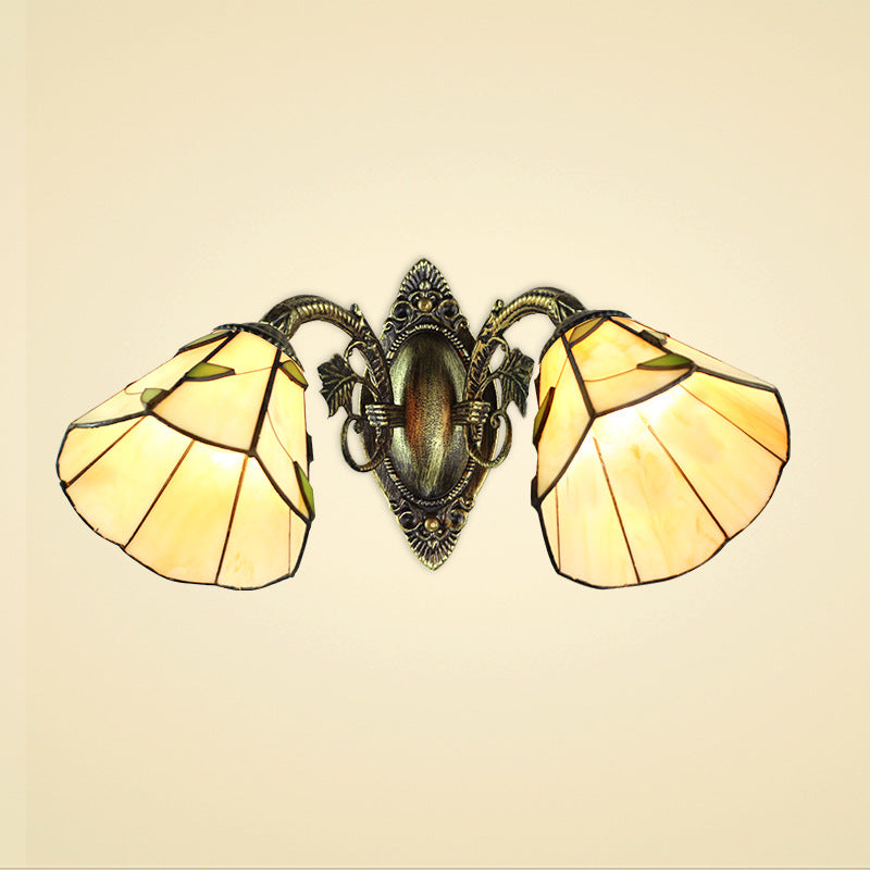 Scalloped Shade Wall Sconce Industrial Vintage Stained Glass 2 Heads Wall Lamp Fixture with Leaf Pattern