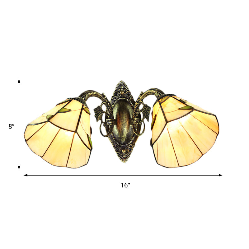 Scalloped Shade Wall Sconce Industrial Vintage Stained Glass 2 Heads Wall Lamp Fixture with Leaf Pattern