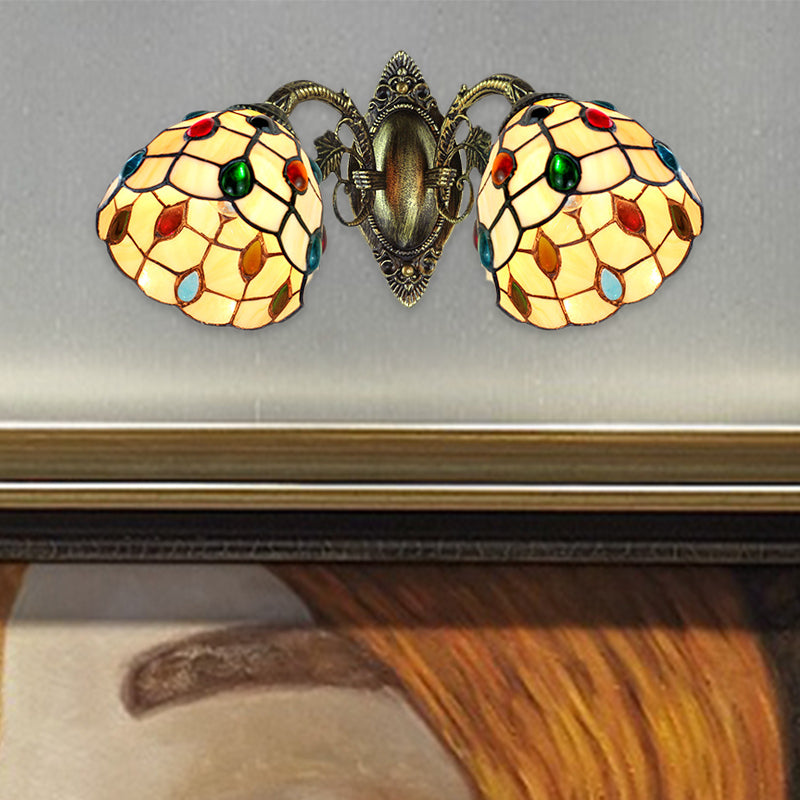 Tiffany Style Domed Wall Lighting Stained Glass 2 Heads Jewel Wall Mount Fixture for Stairway