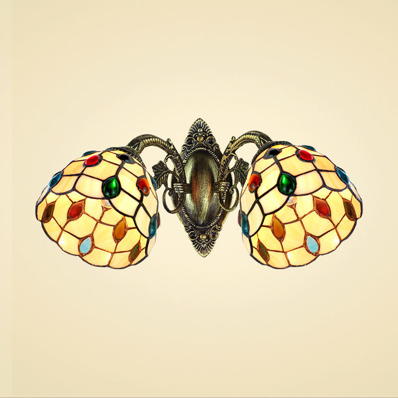 Tiffany Style Domed Wall Lighting Stained Glass 2 Heads Jewel Wall Mount Fixture for Stairway
