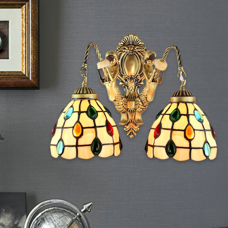 Jeweled Beige Glass Sconce Light Fixture 2 Heads Brass Wall Mount Light for Bedroom