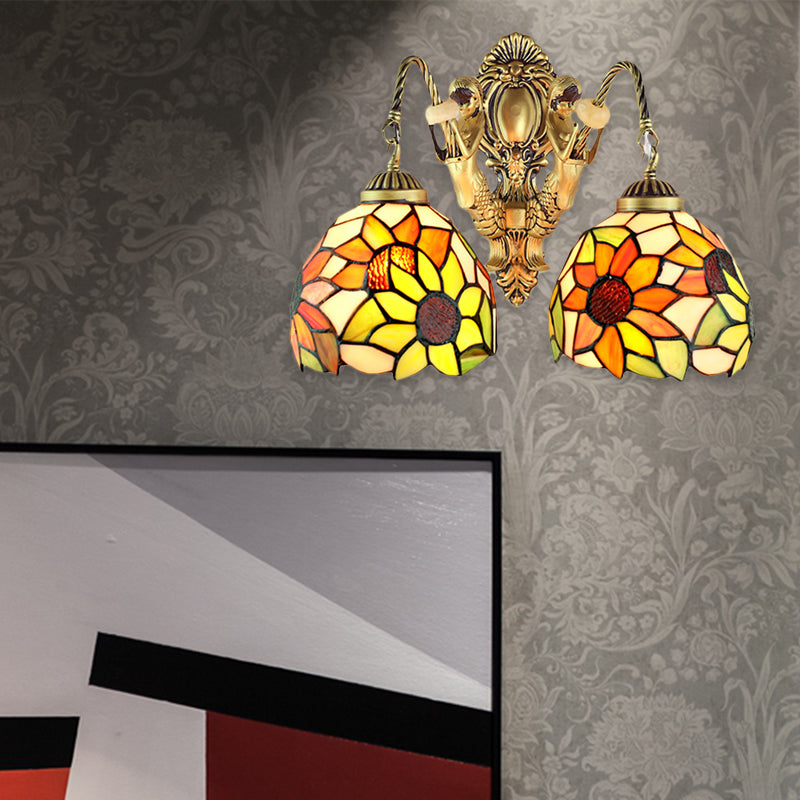 Tiffany Sunflower Wall Mount Light Yellow Glass 2 Lights Bathroom Vanity Sconce Light