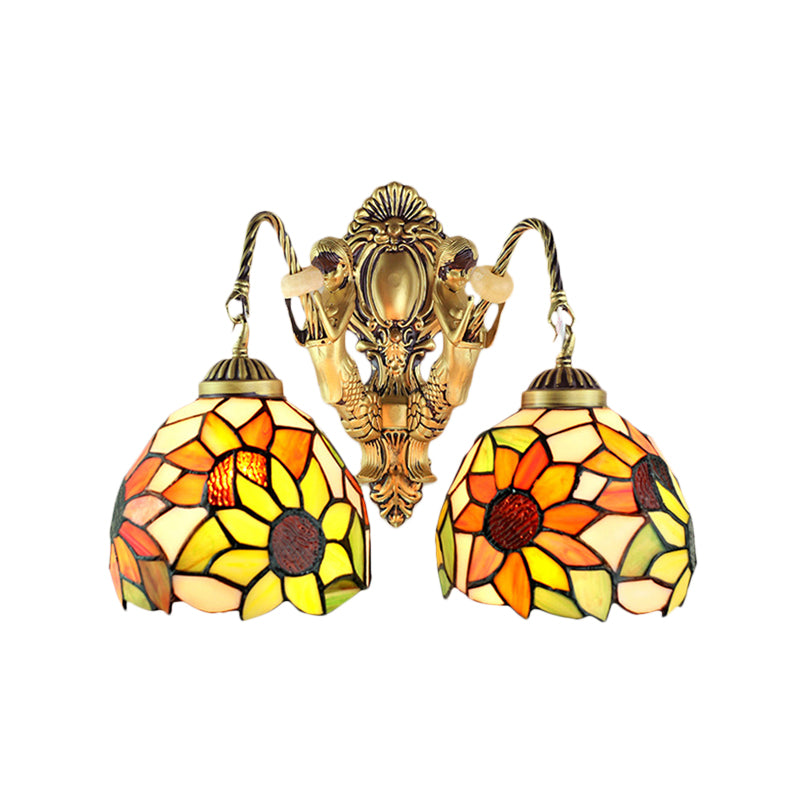 Tiffany Sunflower Wall Mount Light Yellow Glass 2 Lights Bathroom Vanity Sconce Light