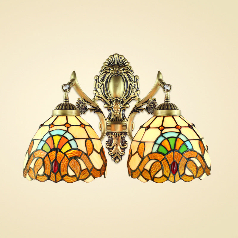 Multicolored Domed Wall Lamp Victorian Stained Glass 2 Heads Wall Fixture Light for Dining Room
