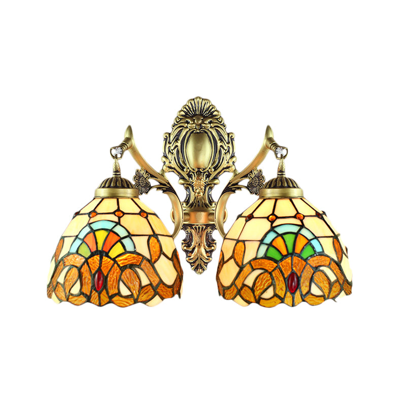 Multicolored Domed Wall Lamp Victorian Stained Glass 2 Heads Wall Fixture Light for Dining Room