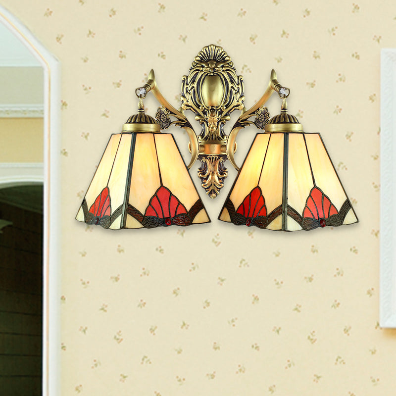Beige Pyramid Wall Lamp Retro Style Stained Glass 2 Heads Wall Fixture Light for Living Room