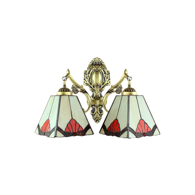 Beige Pyramid Wall Lamp Retro Style Stained Glass 2 Heads Wall Fixture Light for Living Room