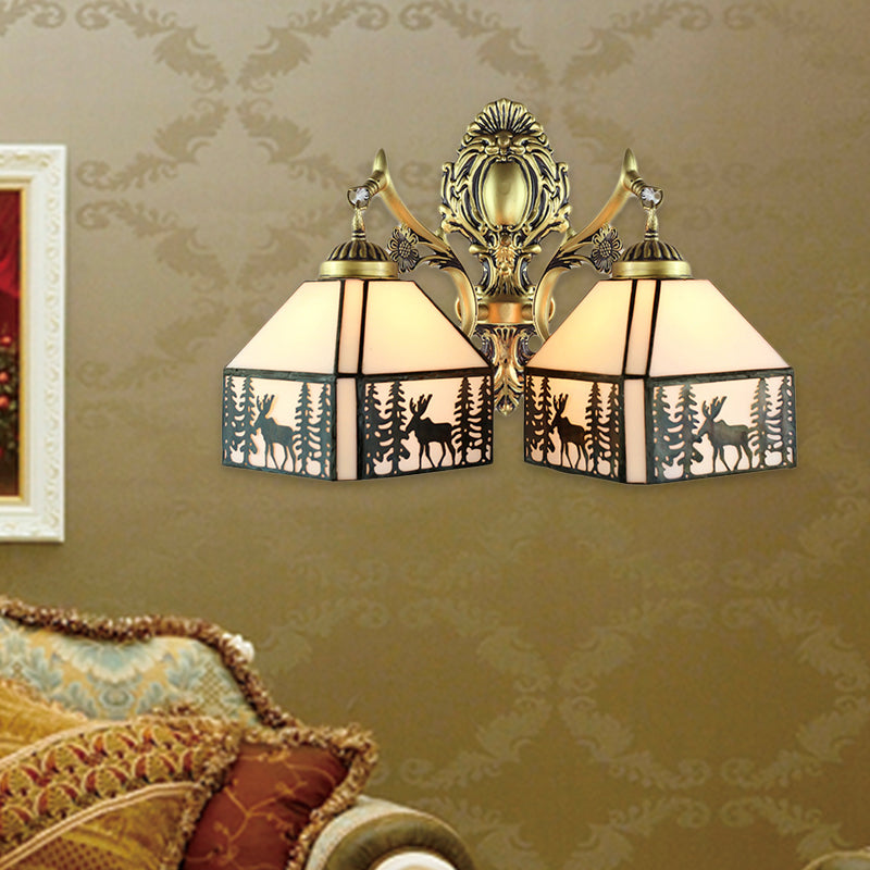 Small House Wall Sconce Retro Style Stained Glass 2 Heads Wall Light with Deer and Tree Pattern