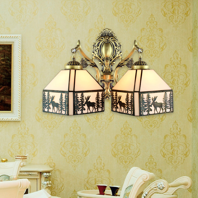 Small House Wall Sconce Retro Style Stained Glass 2 Heads Wall Light with Deer and Tree Pattern