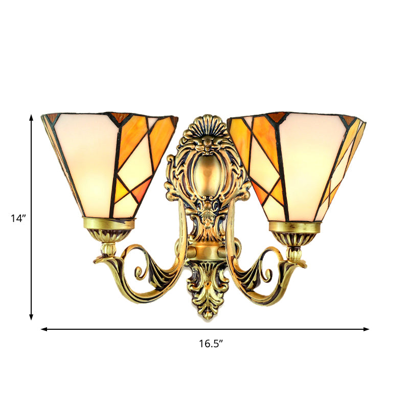 Geometric Wall Sconce Lighting Tiffany Style Stained Glass 2 Heads Wall Sconce Lamp Fixture in Beige