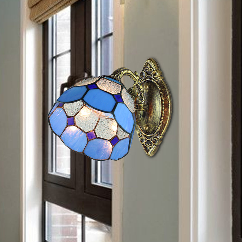 Scalloped Edged Wall Lighting Tiffany Style Stained Glass 1 Head Wall Sconce in Blue for Stairway