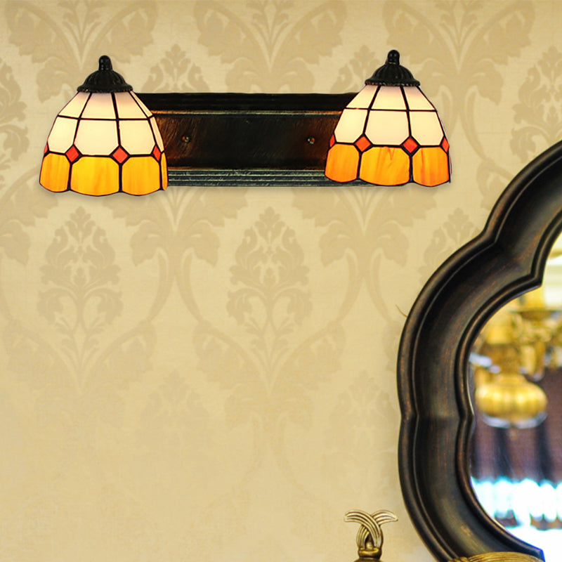 Grid Patterned Sconce Light Baroque Yellow and White Glass 2 Heads Bronze Wall Mounted Light