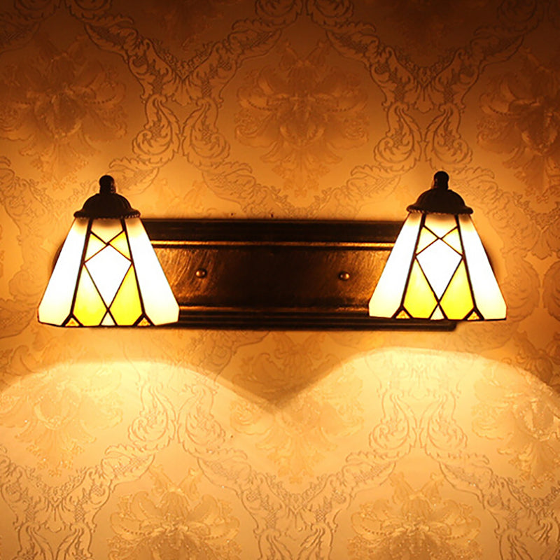 Yellow Glass Cone Sconce Lighting Tiffany 2 Heads Bronze Wall Mount Light for Bedroom