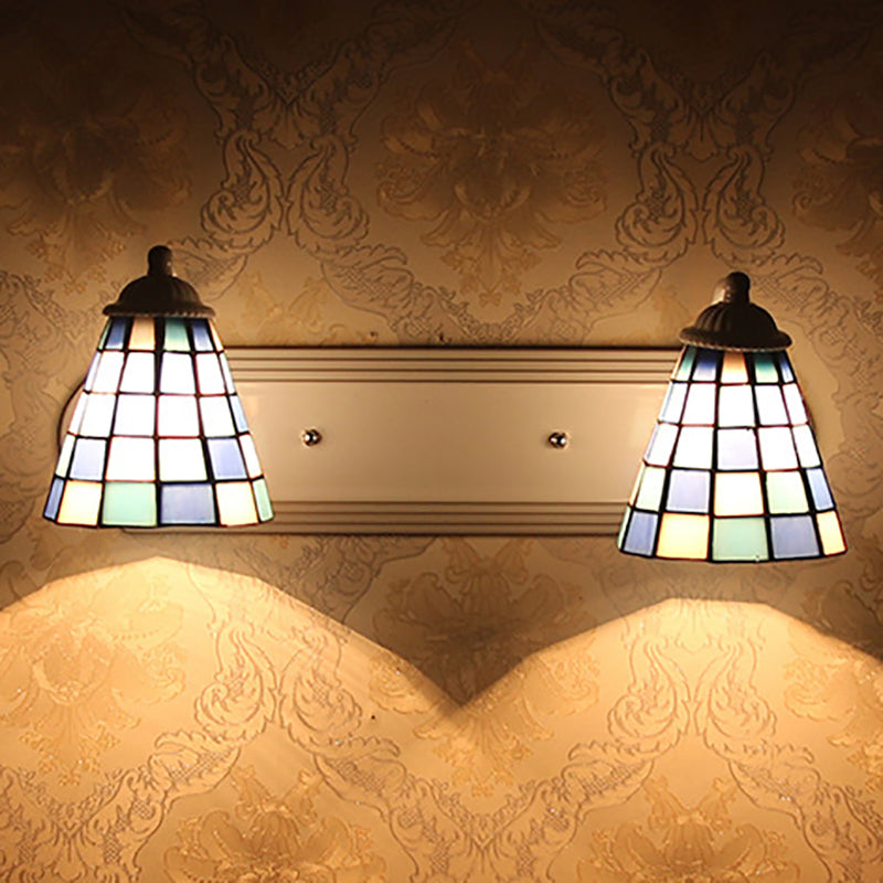 Conical Blue Glass Wall Mounted Light Baroque 2 Heads Sconce Light with Grid Pattern