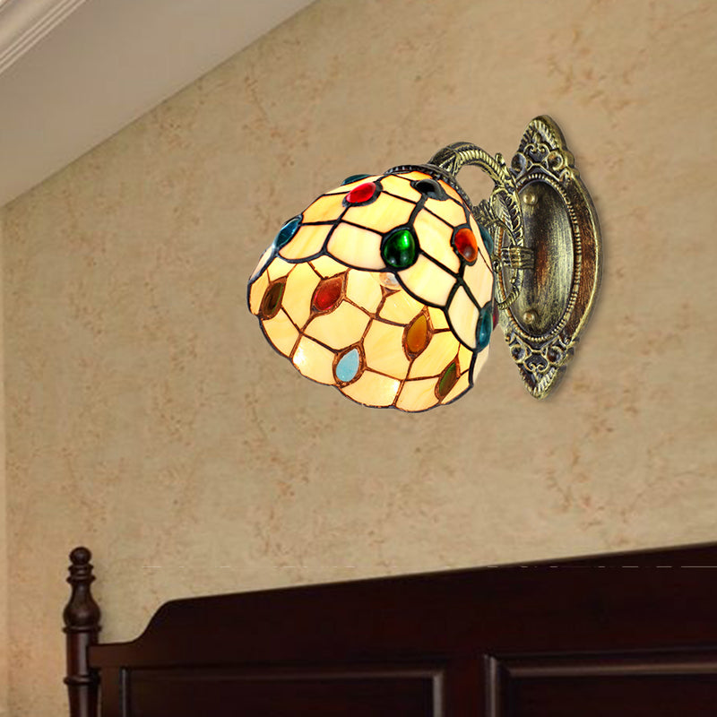 1 Light Dome Shade Wall Light Retro Style Stained Glass Wall Sconce with Jewel Pattern in Yellow