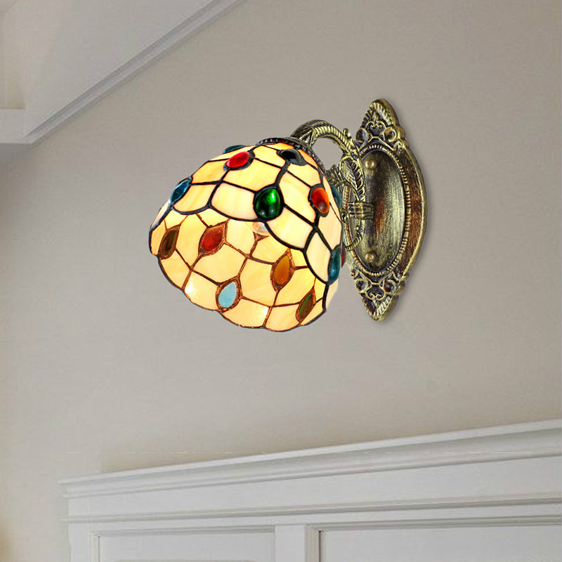 1 Light Dome Shade Wall Light Retro Style Stained Glass Wall Sconce with Jewel Pattern in Yellow