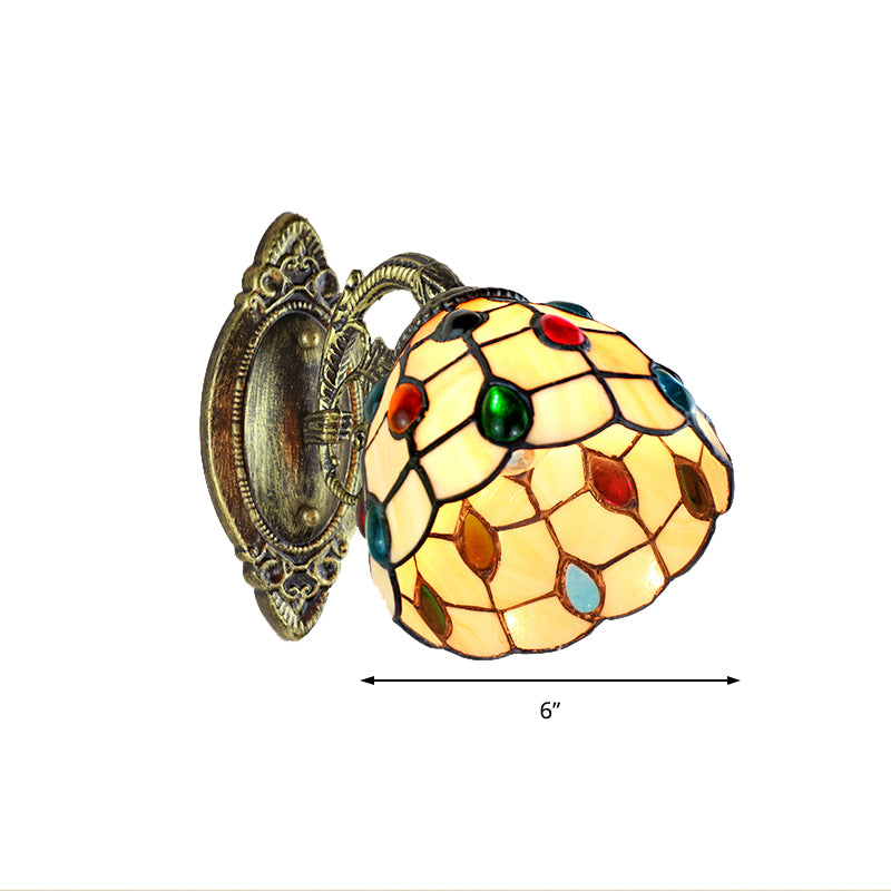 1 Light Dome Shade Wall Light Retro Style Stained Glass Wall Sconce with Jewel Pattern in Yellow