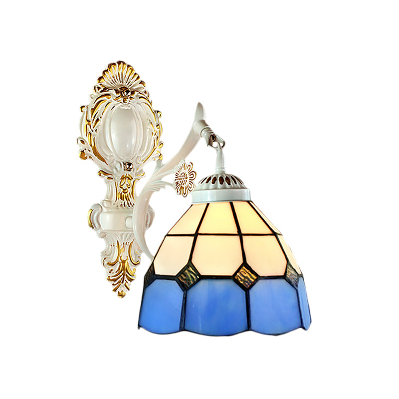 1 Light Dome-Shaped Wall Lighting Retro Style Stained Glass Wall Sconce in White Finish for Foyer