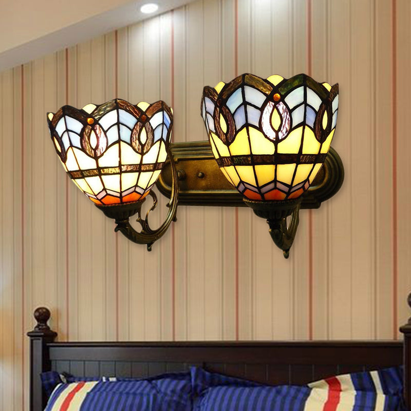 Vintage Bowl Wall Fixture Light Stained Glass 2 Lights Wall Sconce Lamp Fixture for Bedroom Lighting