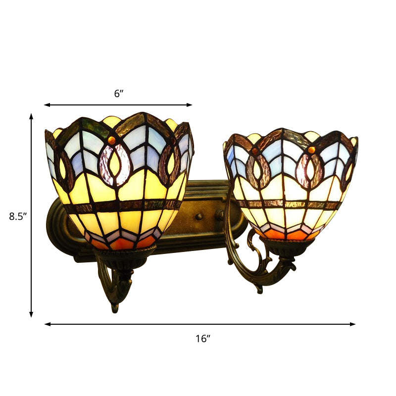 Vintage Bowl Wall Fixture Light Stained Glass 2 Lights Wall Sconce Lamp Fixture for Bedroom Lighting