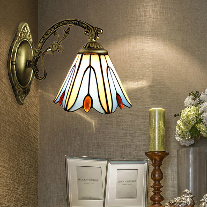 Vintage Bell Shade Wall Fixture Light Stained Glass 1 Light Wall Sconce in Blue for Bedroom Lighting