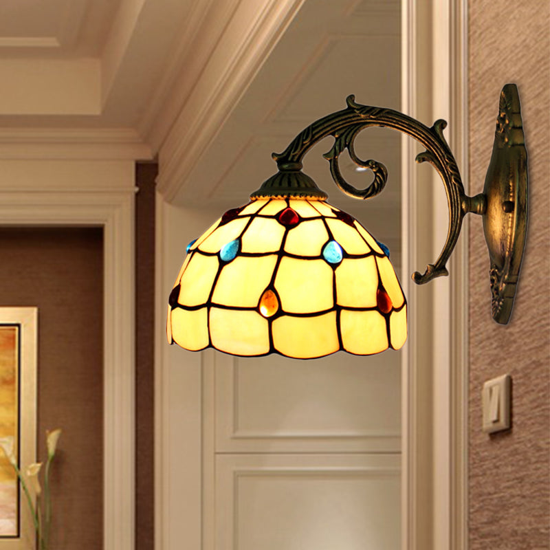 Vintage Bowl Wall Light Stained Glass 1 Light Wall Sconce Lamp Fixture with Jewel Pattern in Beige