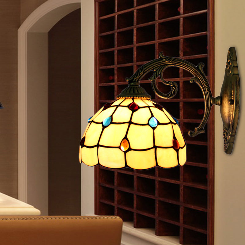 Vintage Bowl Wall Light Stained Glass 1 Light Wall Sconce Lamp Fixture with Jewel Pattern in Beige
