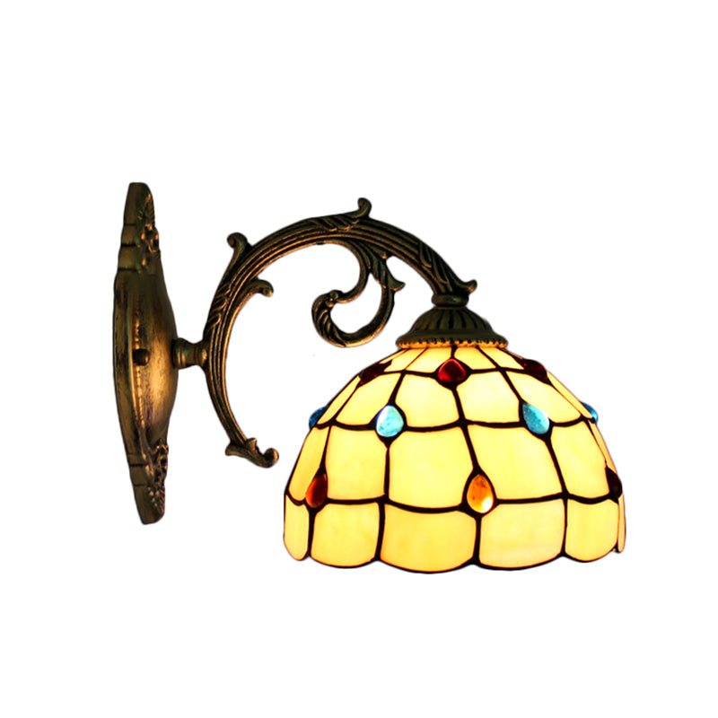 Vintage Bowl Wall Light Stained Glass 1 Light Wall Sconce Lamp Fixture with Jewel Pattern in Beige
