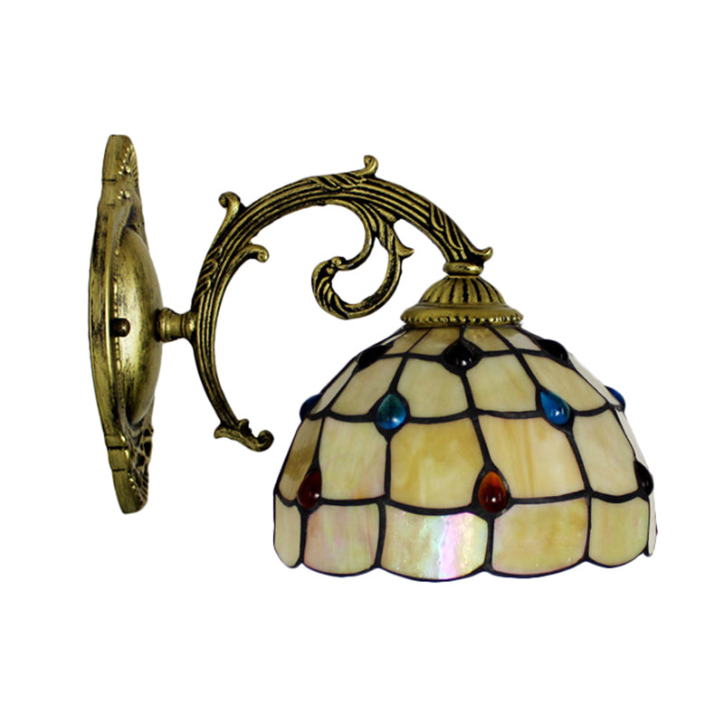 Vintage Bowl Wall Light Stained Glass 1 Light Wall Sconce Lamp Fixture with Jewel Pattern in Beige