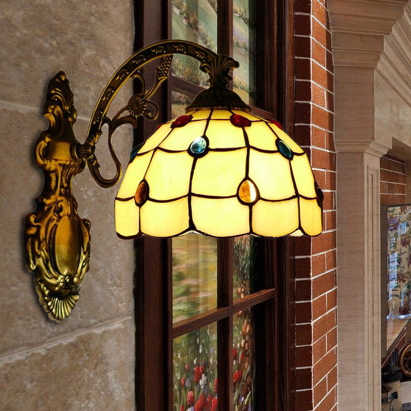 Yellow Wall Fixture Light Tiffany Stained Glass 1 Light Jewel Wall Sconce Lighting with Bowl Shade