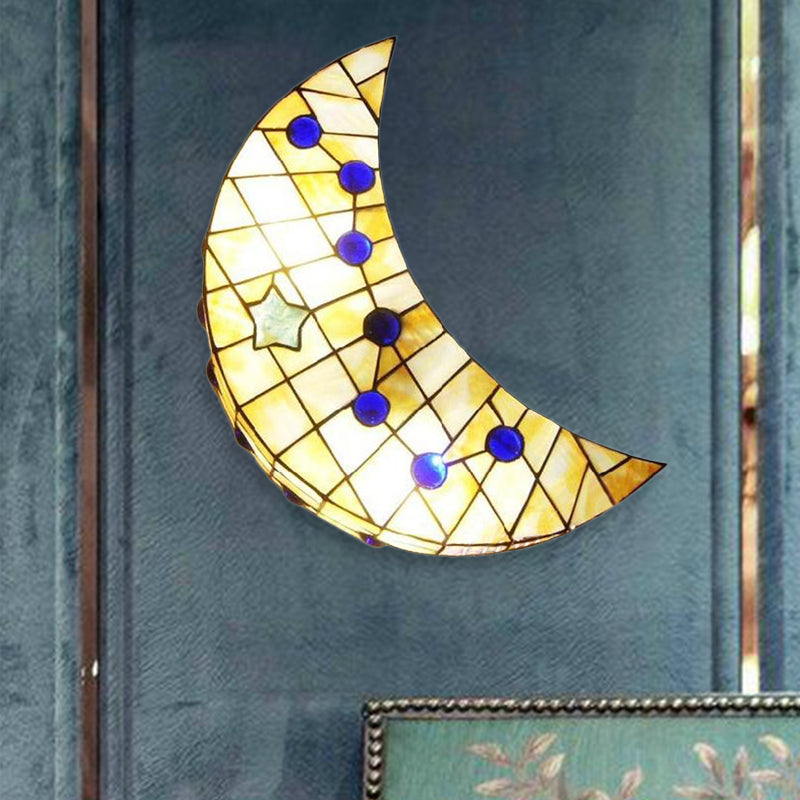 Moon Shape Wall Light Vintage Stained Glass 1-Light Wall Sconce for Hallway