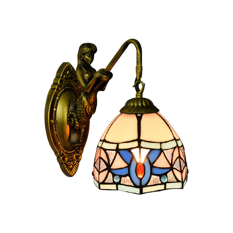 Tiffany Bowl Wall Light Fixture Beige Glass 1 Head Hallway Sconce Light with Mermaid Decoration