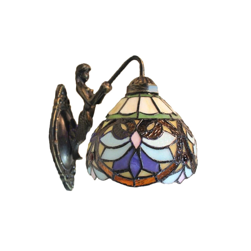 Victorian Dome Wall Light Fixture 1 Head Beige Glass Sconce Light with Flower Pattern