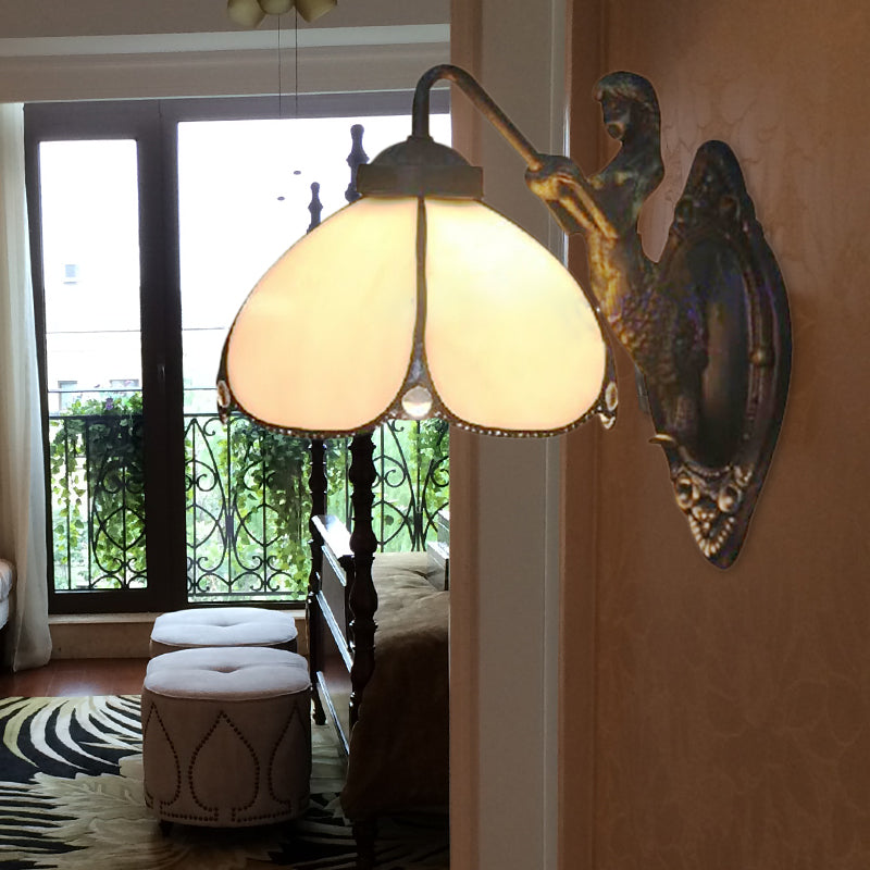 Petal Wall Light Fixture Tiffany Beige Glass 1 Head Sconce Light with Mermaid Decoration for Corridor
