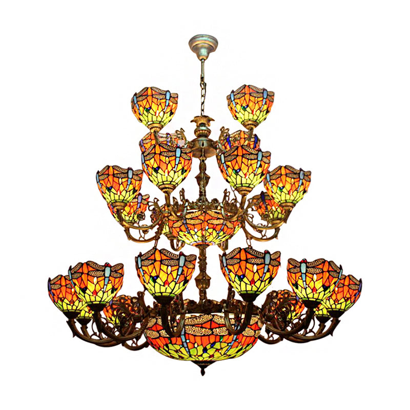 Iluminación de lámpara de lámpara de libélulas de 32 luces Tiffany vidrieras de 3 niveles luz colgante