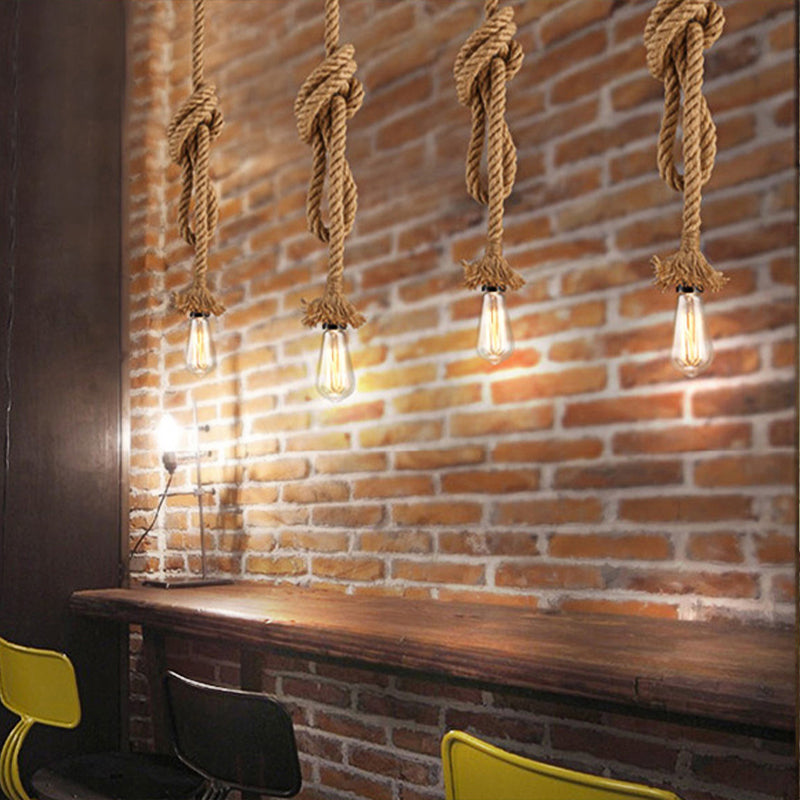 Minimalist Style Exposed Hanging Lamp 1 Light Natural Rope Adjustable Ceiling Light Fixture in Beige