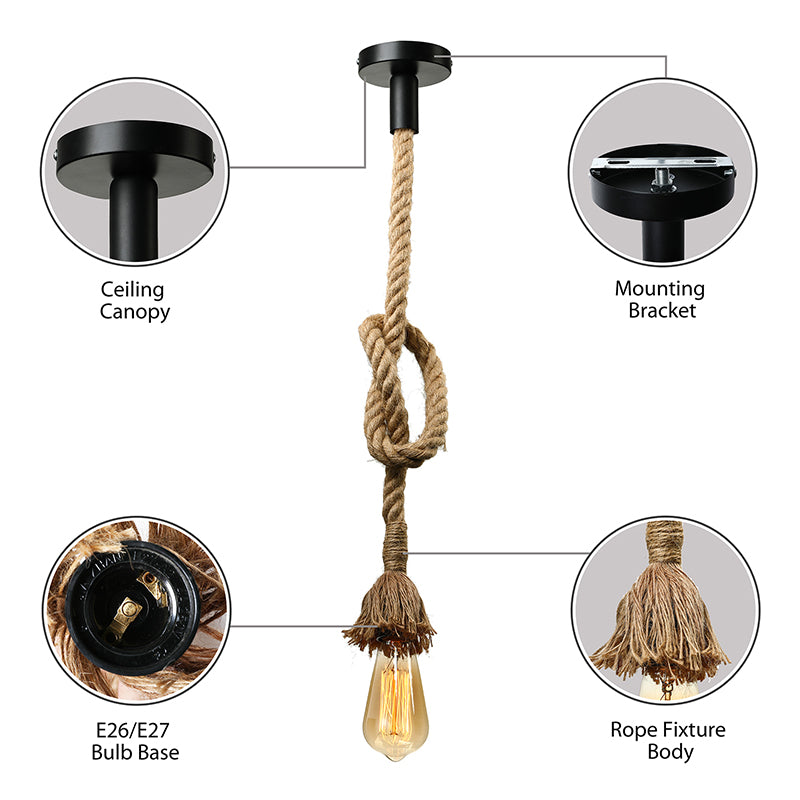 Minimalist Style Exposed Hanging Lamp 1 Light Natural Rope Adjustable Ceiling Light Fixture in Beige