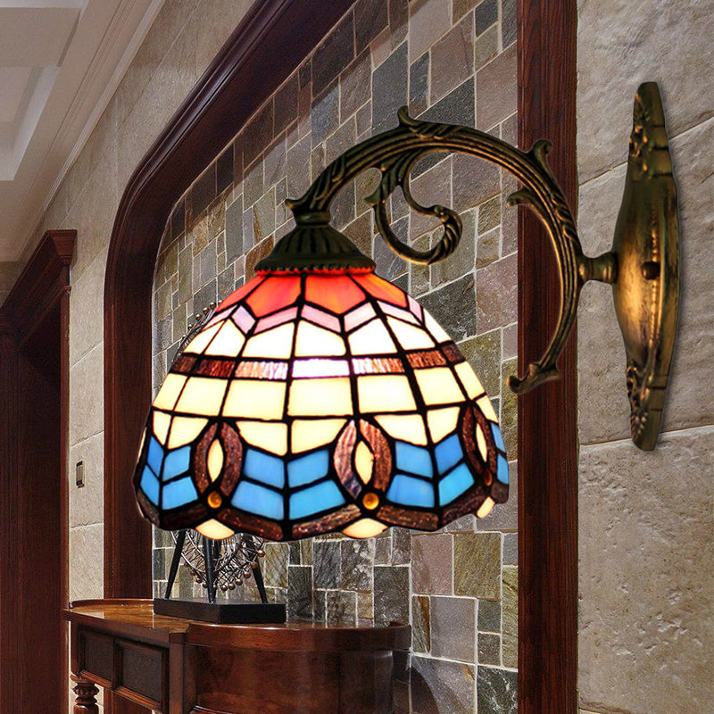Blue Bowl Shade Wall Sconce Retro Stained Glass 1 Light Wall Mount Light