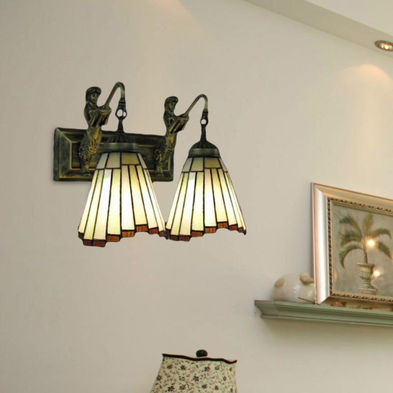 2 Heads Flared Sconce Light Tiffany Yellow Glass Wall Mounted Light Fixture with Mermaid Backplate
