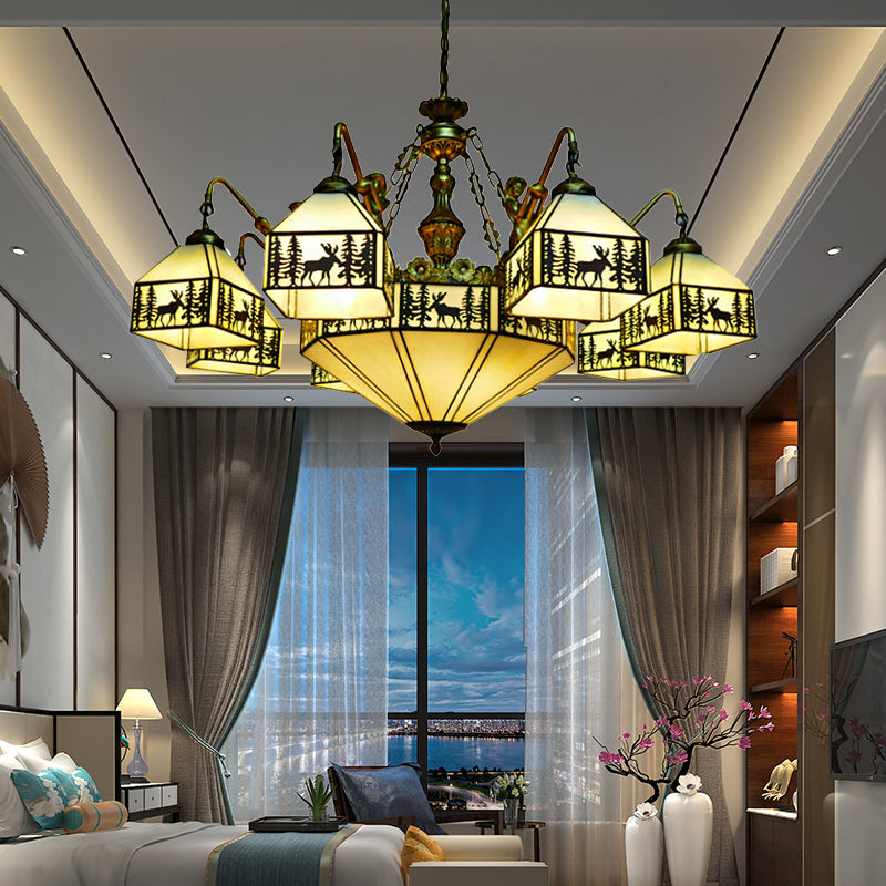 9-Light Small House Inverted Chandelier Country Stained Glass Hanging Fixture