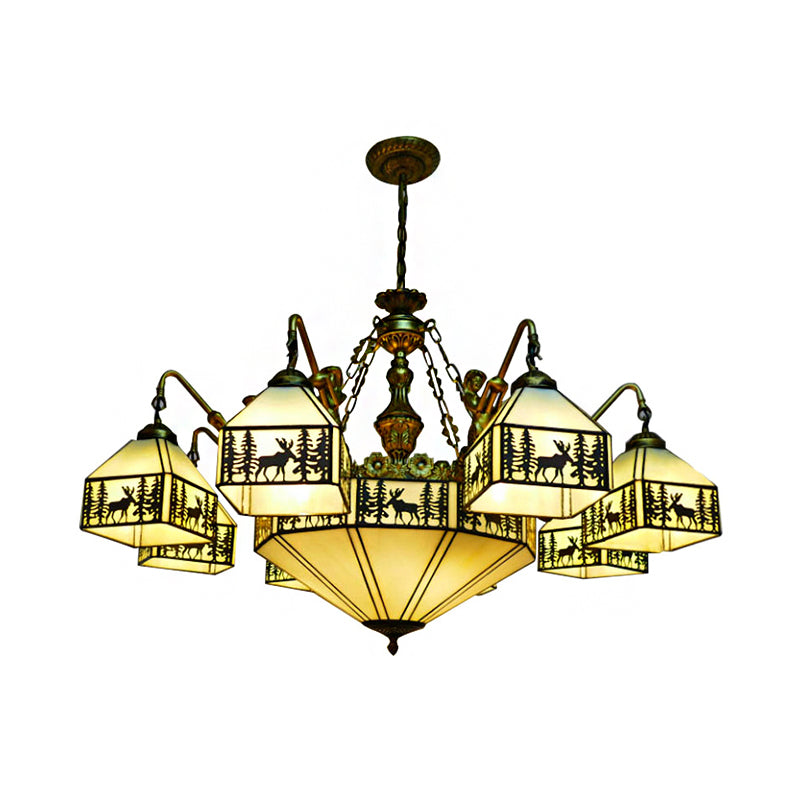 9-Light Small House Inverted Chandelier Country Stained Glass Hanging Fixture