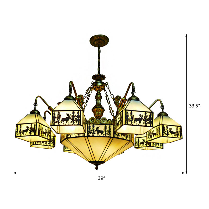 9-Light Small House Inverted Chandelier Country Stained Glass Hanging Fixture