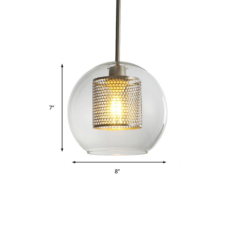 Simple Orb Shade Pendant Light with Cylinder Mesh Screen 1 Light Glass Hanging Lamp for Hallway