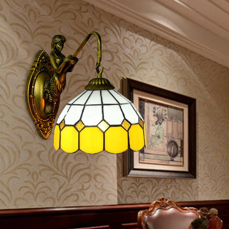 Grid Patterned Sconce Light Baroque Yellow and White Glass 1 Head Brass Wall Mount Light