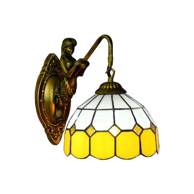 Grid Patterned Sconce Light Baroque Yellow and White Glass 1 Head Brass Wall Mount Light