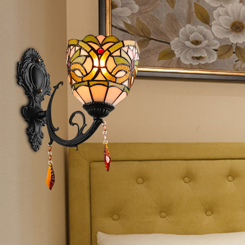 Lodge Bowl Shade Wall Sconce Lighting Fixture Stained Glass 1-Light Crystal Lighting Fixture