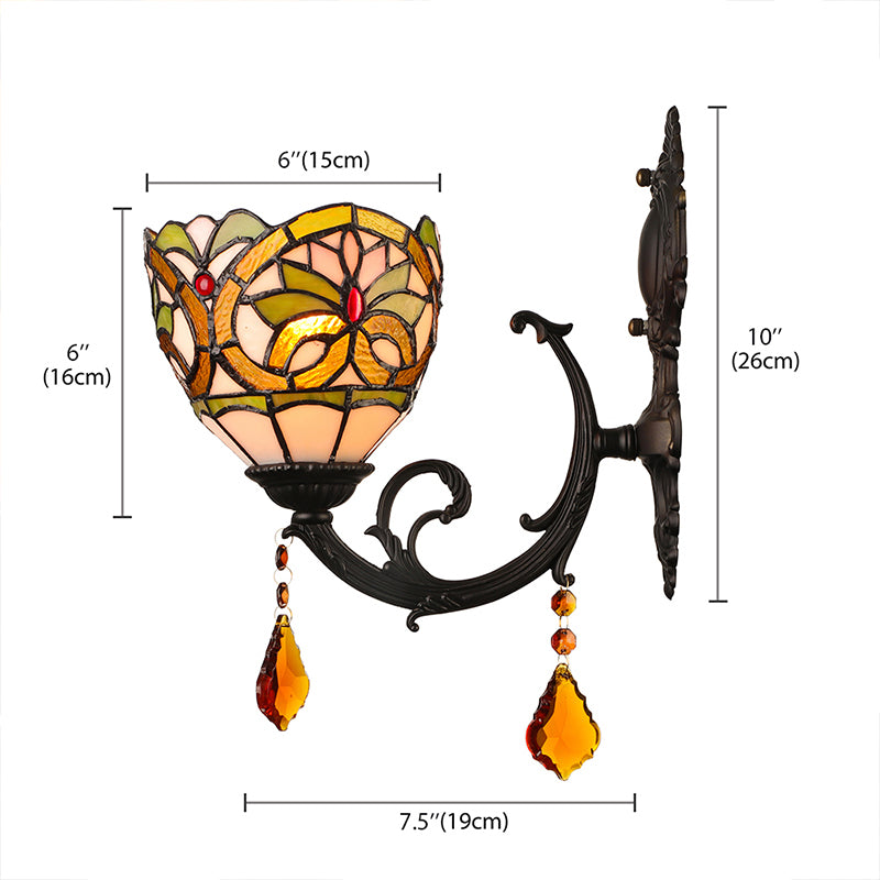 Lodge Bowl Shade Wall Sconce Lighting Fixture Stained Glass 1-Light Crystal Lighting Fixture