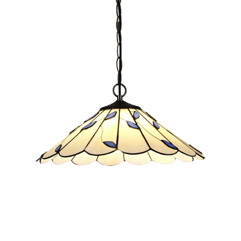 Flared Pendant Lighting 1 Bulb Beige Stained Glass Tiffany-Style Hanging Ceiling Light with Leaf Pattern