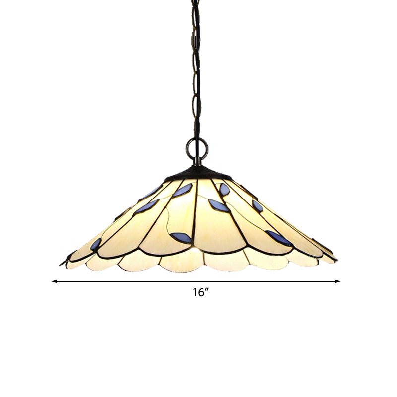 Flared Pendant Lighting 1 Bulb Beige Stained Glass Tiffany-Style Hanging Ceiling Light with Leaf Pattern
